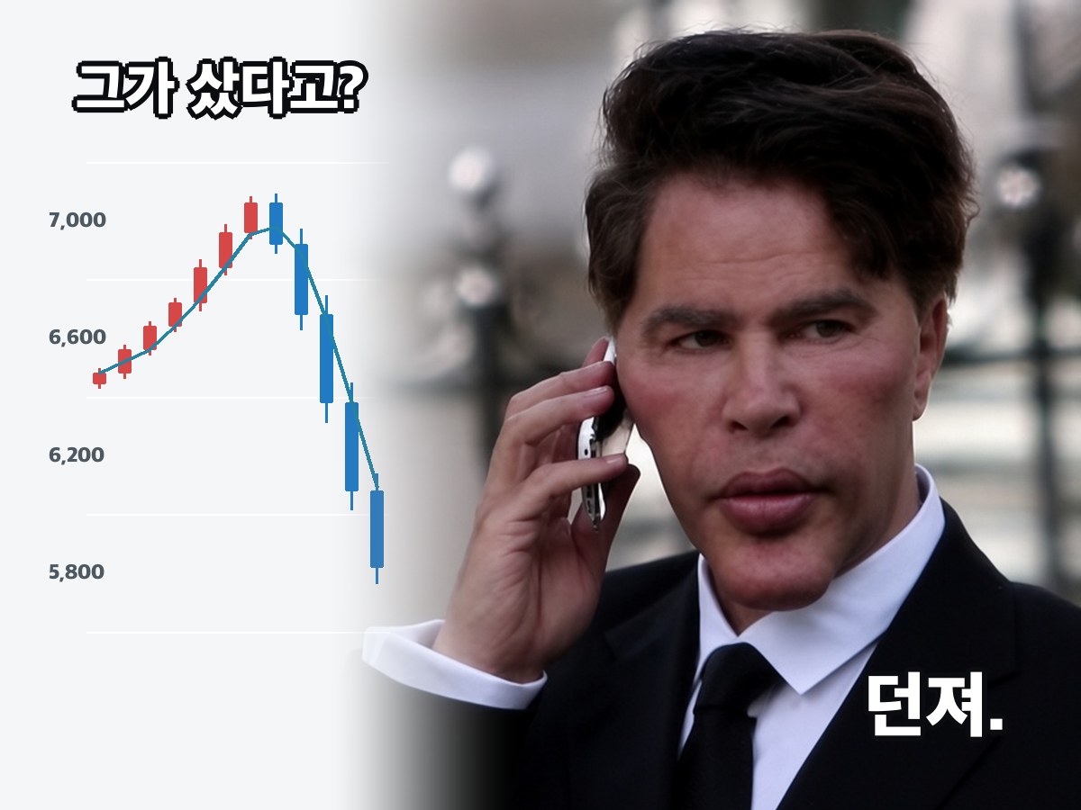 주식 차트 앞에서 전화하는 사람. 위에는 그가 샀다고, 아래에는 던져라는 글이 있다