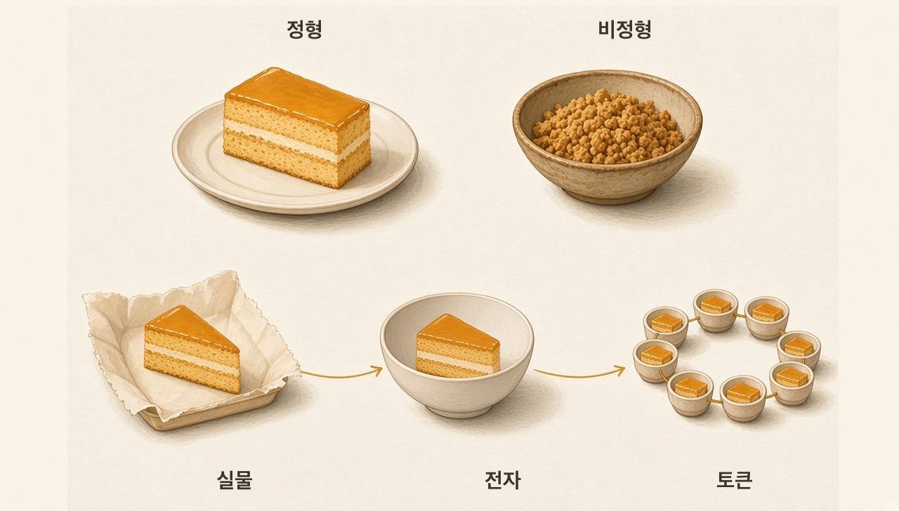 정형과 비정형 두 음식, 같은 조각이 실물·전자·토큰 세 그릇에 담긴 장면